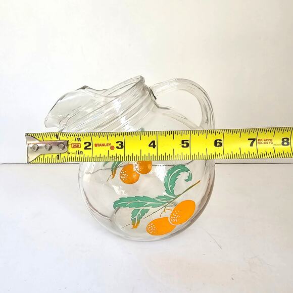 Vintage Anchor Hocking Juice Pitcher Tilt Ball Oranges Leaves '50's Mid Century - Picture 9 of 10